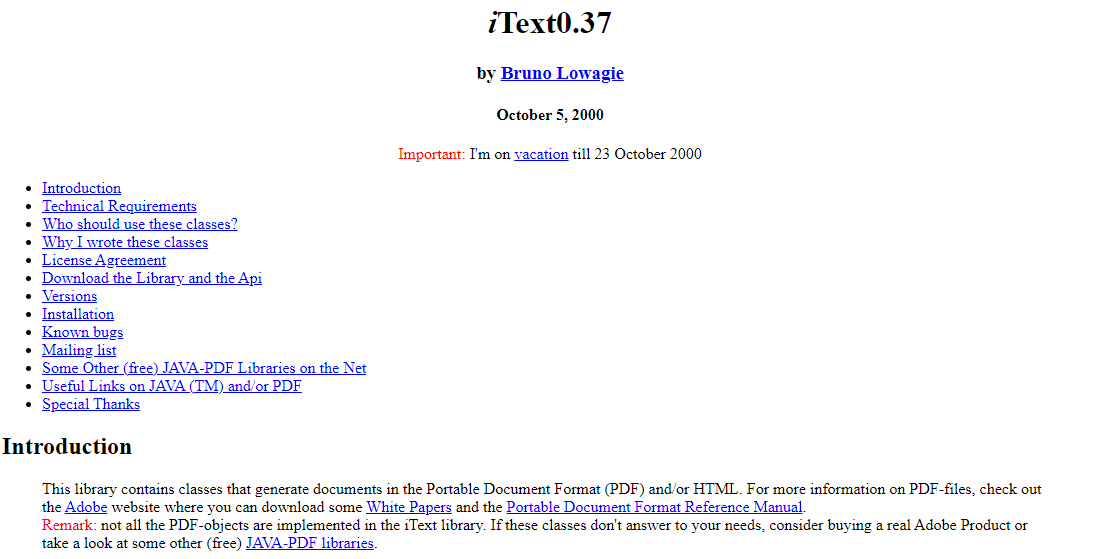 screenshot iText website 2000