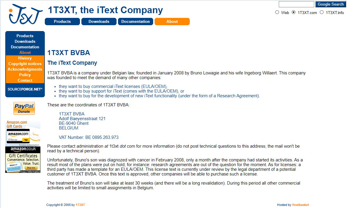 screenshot iText website in 2008