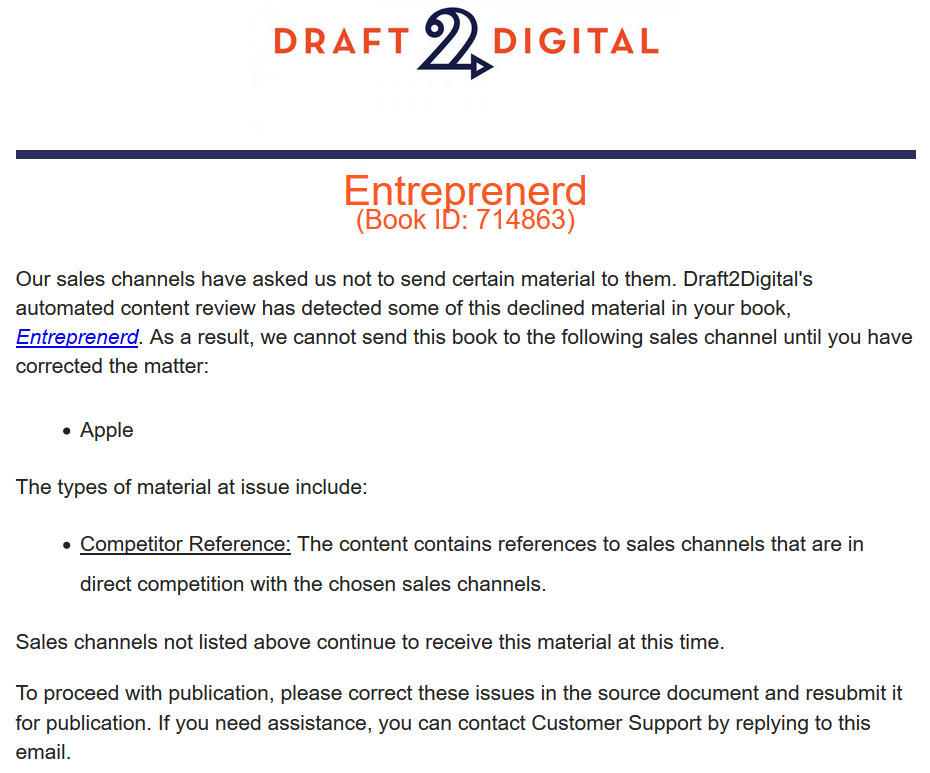 eBook refused because of a reference to an Apple Books competitor