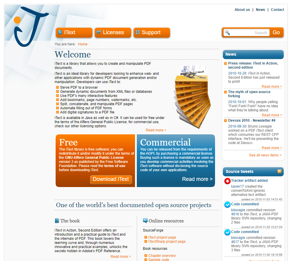 screenshot iText website 2010