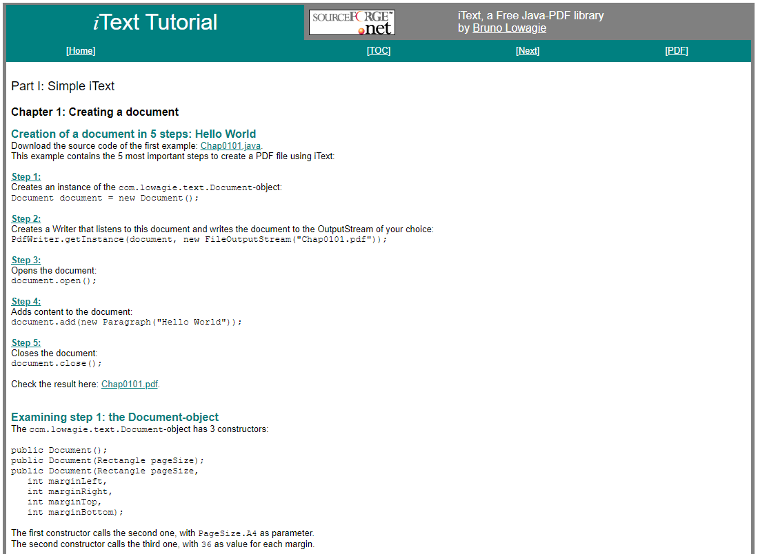 screenshot iText tutorial 2002