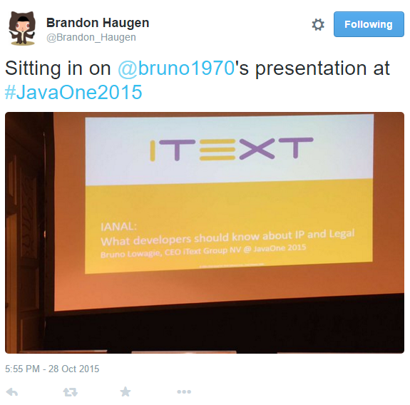 Tweet sent during my JavaOne talk