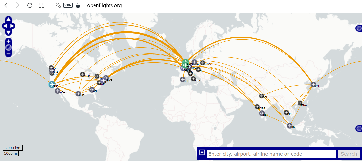 All my flights between 2013 and 2019 on one map