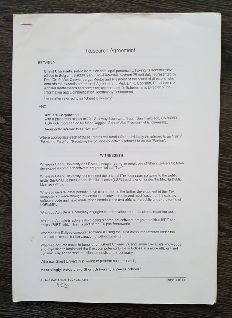 Cover page of the research agreement between Ghent University and Actuate